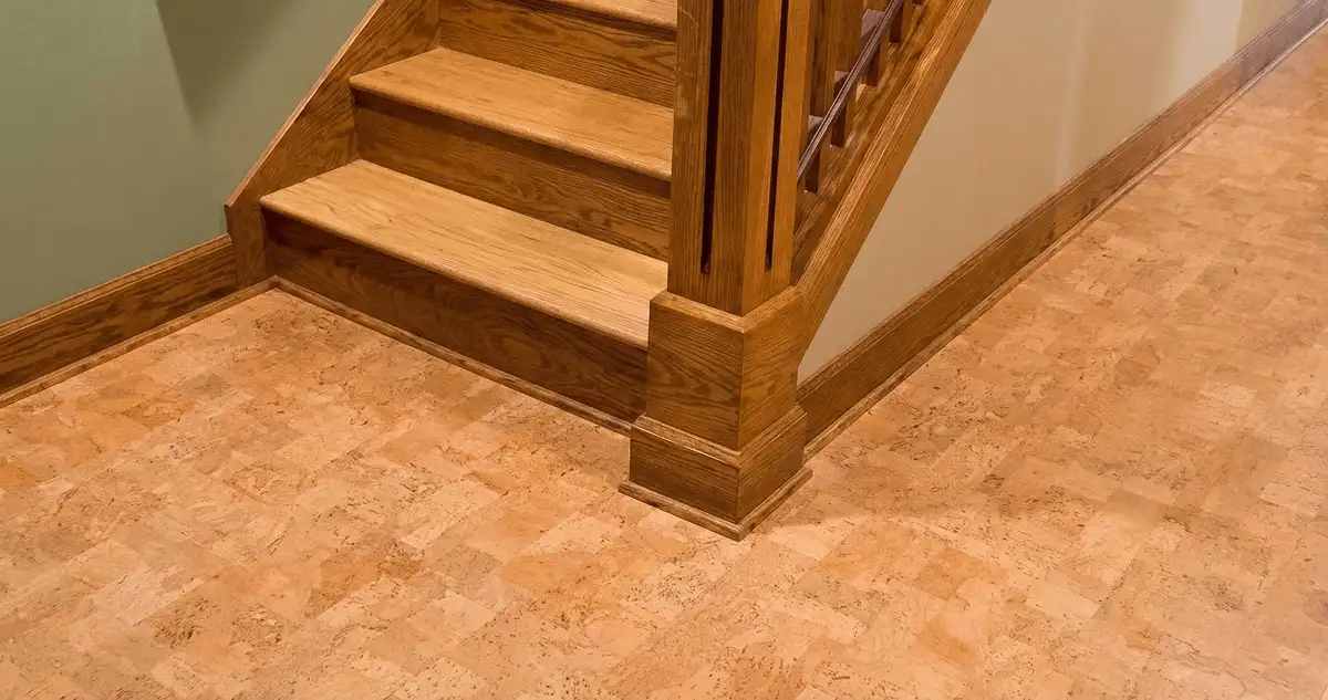 End of a staircase with cork flooring in Manchester, NH