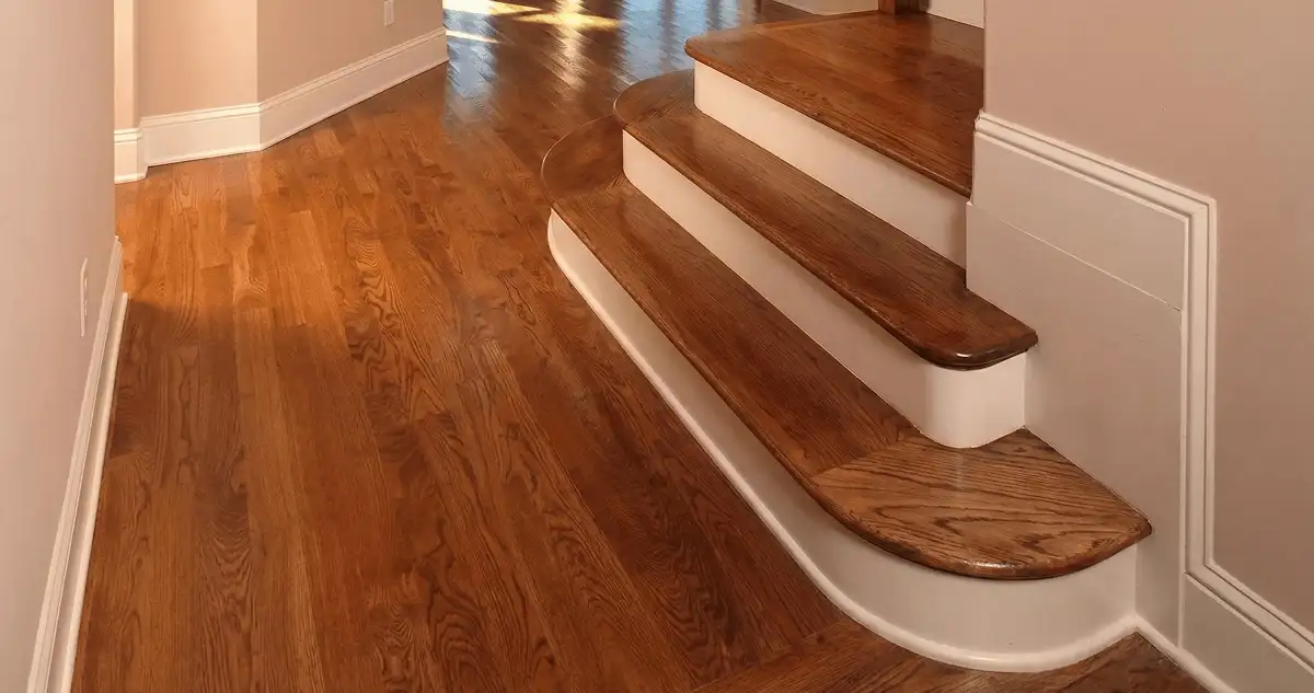Base floor of a staircase with professionally restored wood flooring in Manchester NH