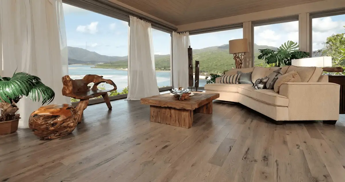 Professionally installed vinyl flooring in a modern living room with large windows in Manchester, NH